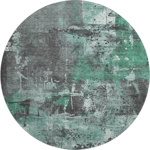HomeRoots 8' Stylish Green Gray Ivory Abstract Washable Round Rug with UV Protection for Modern Spaces 705356
