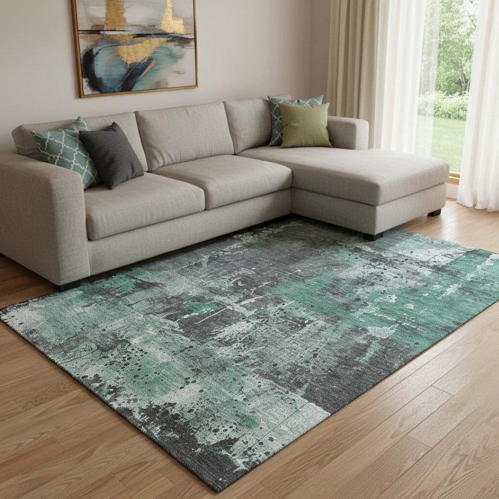 HomeRoots 8' X 10' Washable Abstract Area Rug in Green, Gray & Ivory - UV Protection for High-Traffic Areas 705357