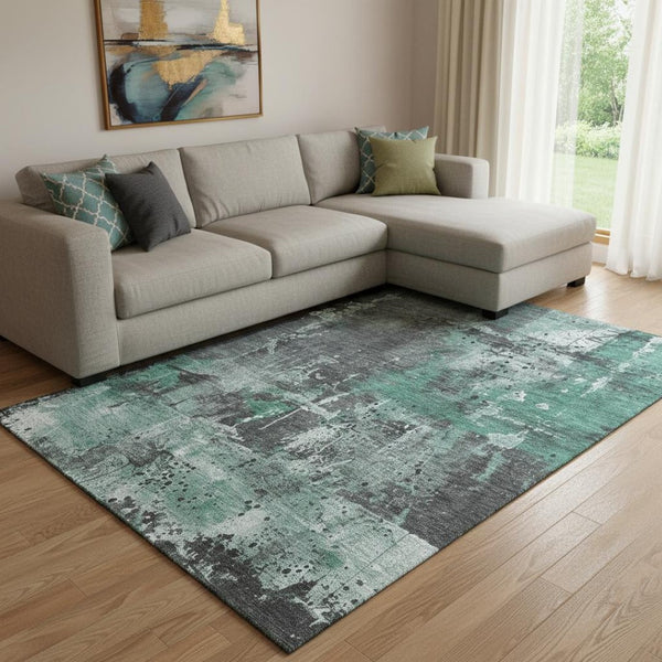 HomeRoots 8' X 10' Washable Abstract Area Rug in Green, Gray & Ivory - UV Protection for High-Traffic Areas 705357