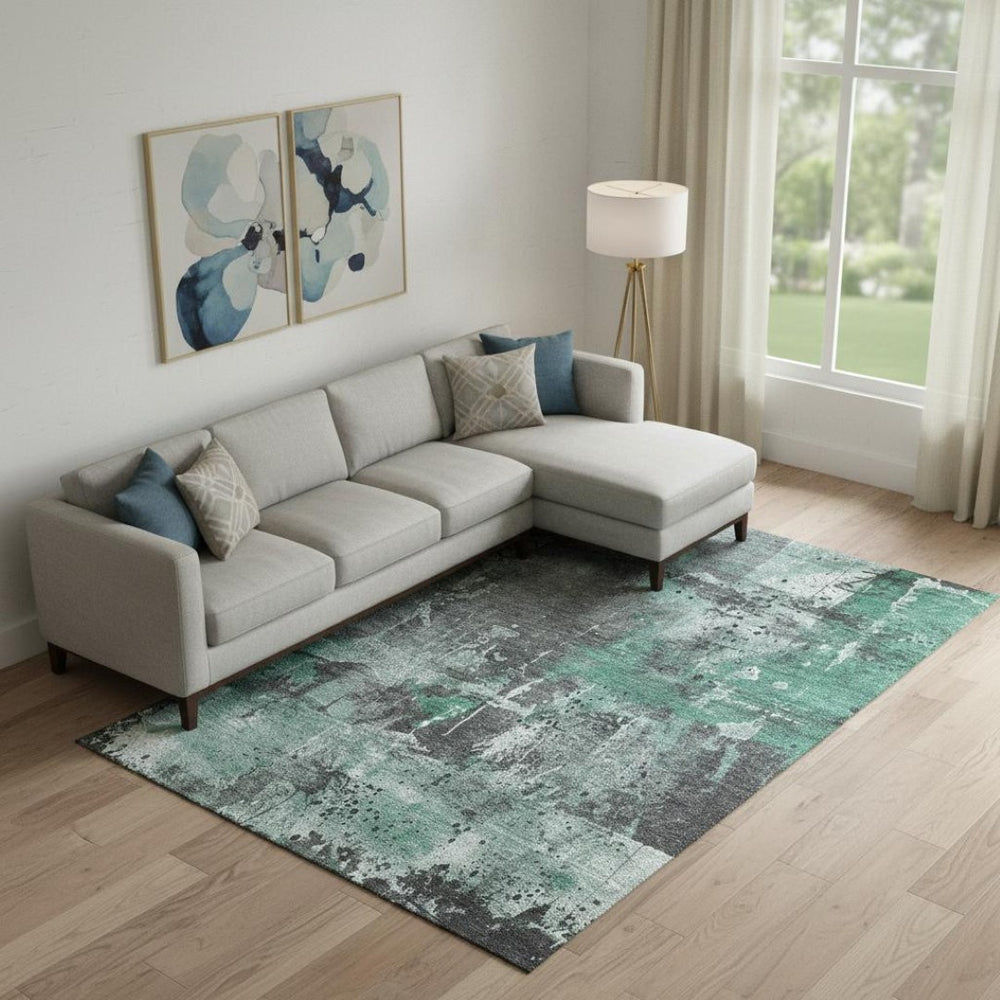 HomeRoots 9' X 12' Abstract Area Rug in Green, Gray & Ivory - Washable, UV-Protected, Stain-Resistant Design! 705358
