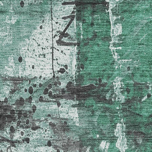 HomeRoots 9' X 12' Abstract Area Rug in Green, Gray & Ivory - Washable, UV-Protected, Stain-Resistant Design! 705358