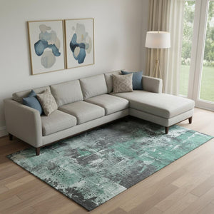 HomeRoots 10' X 14' Modern Abstract Washable Area Rug in Green, Gray & Ivory - UV Protected & Durable Design 705359