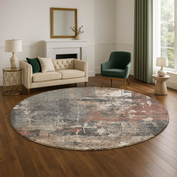 HomeRoots 8' Washable Round Rug in Rust Gray and Ivory - UV Protected, Stain Resistant, Ideal for Family Spaces 705362
