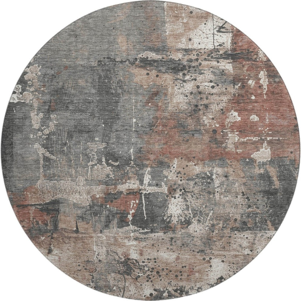 HomeRoots 8' Washable Round Rug in Rust Gray and Ivory - UV Protected, Stain Resistant, Ideal for Family Spaces 705362
