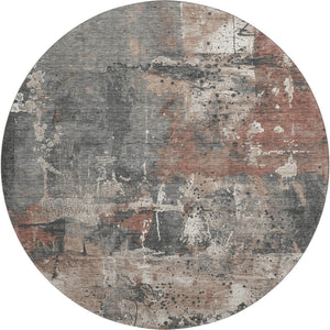 HomeRoots 8' Washable Round Rug in Rust Gray and Ivory - UV Protected, Stain Resistant, Ideal for Family Spaces 705362