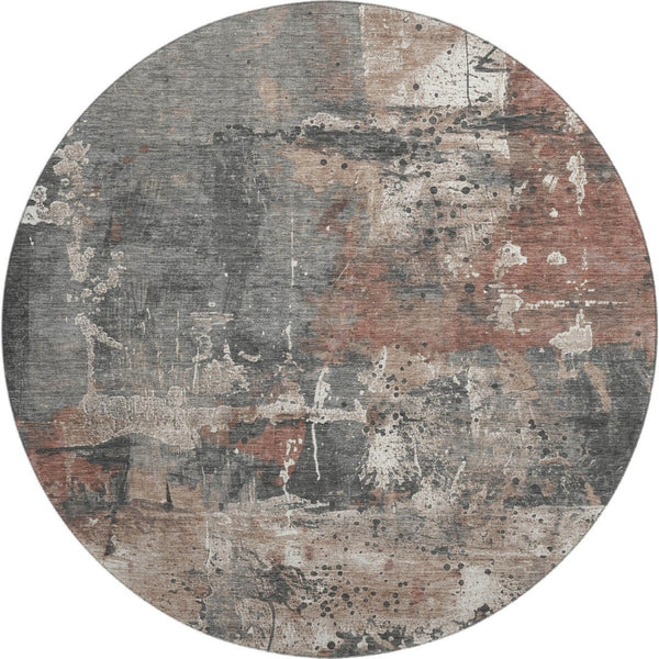 HomeRoots 8' Washable Round Rug in Rust Gray and Ivory - UV Protected, Stain Resistant, Ideal for Family Spaces 705362