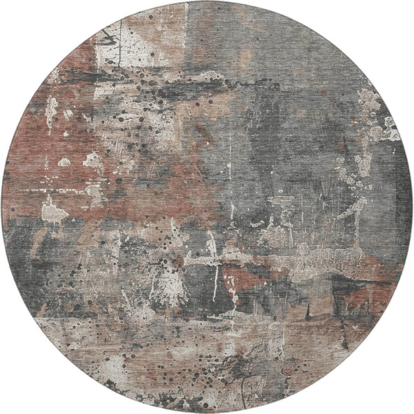 HomeRoots 8' Washable Round Rug in Rust Gray and Ivory - UV Protected, Stain Resistant, Ideal for Family Spaces 705362
