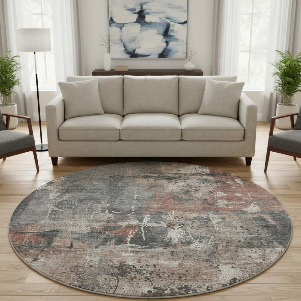 HomeRoots 8' Washable Round Rug in Rust Gray and Ivory - UV Protected, Stain Resistant, Ideal for Family Spaces 705362