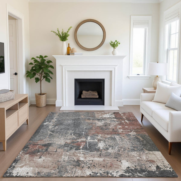 HomeRoots 8' X 10' Modern Abstract Washable Area Rug in Rust, Gray & Ivory - UV Protected & Easy Care! 705363