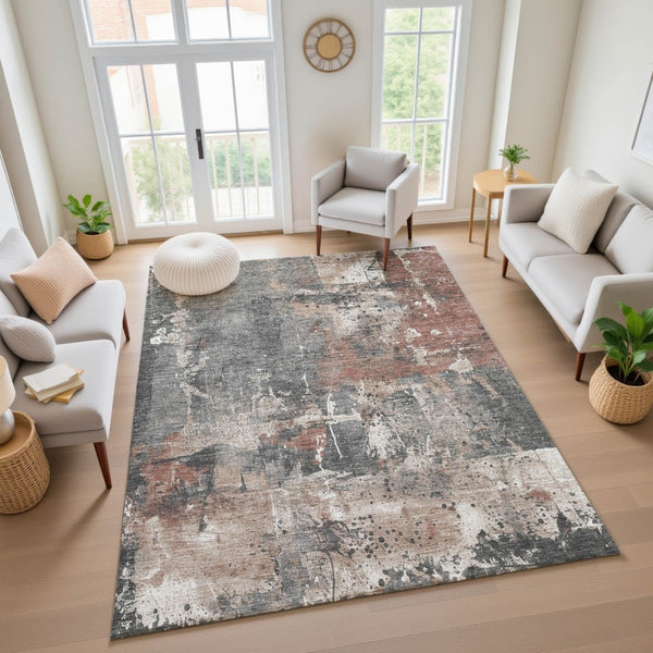 HomeRoots 8' X 10' Modern Abstract Washable Area Rug in Rust, Gray & Ivory - UV Protected & Easy Care! 705363