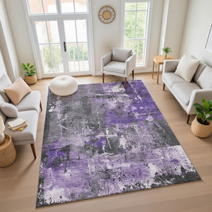 HomeRoots 5' X 8' Abstract Washable Area Rug in Purple, Gray & Ivory – Durable, UV-Protected & Stylish Decor 705367