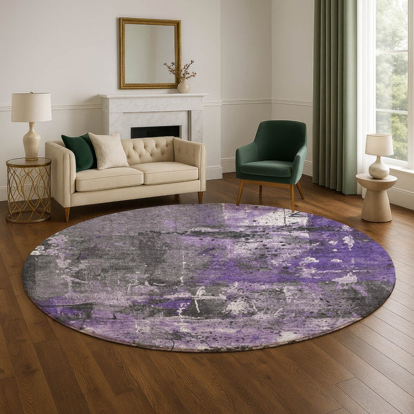 HomeRoots 8' Abstract Round Rug in Purple, Gray & Ivory - Washable, UV-Protected, Non-Slip for Modern Spaces 705368