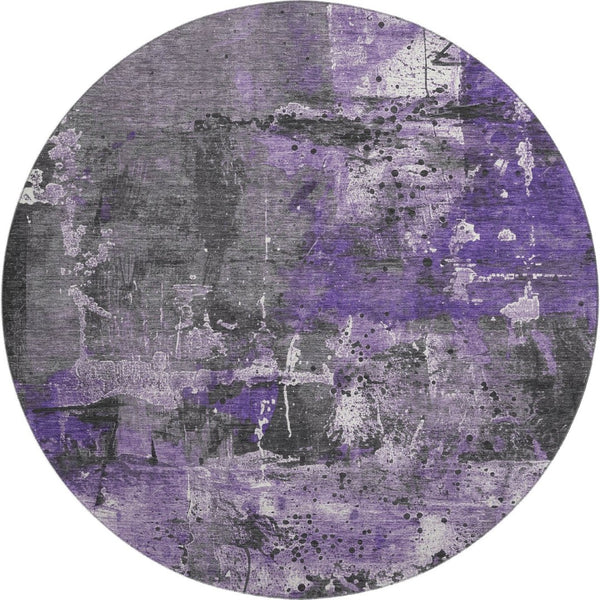 HomeRoots 8' Abstract Round Rug in Purple, Gray & Ivory - Washable, UV-Protected, Non-Slip for Modern Spaces 705368