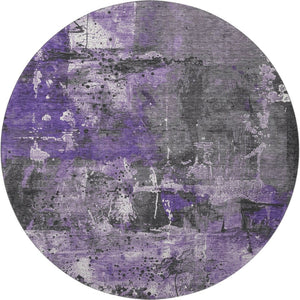 HomeRoots 8' Abstract Round Rug in Purple, Gray & Ivory - Washable, UV-Protected, Non-Slip for Modern Spaces 705368