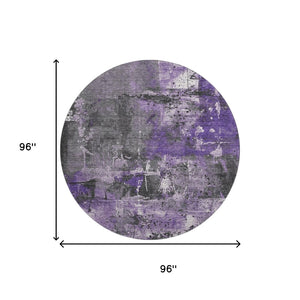 HomeRoots 8' Abstract Round Rug in Purple, Gray & Ivory - Washable, UV-Protected, Non-Slip for Modern Spaces 705368
