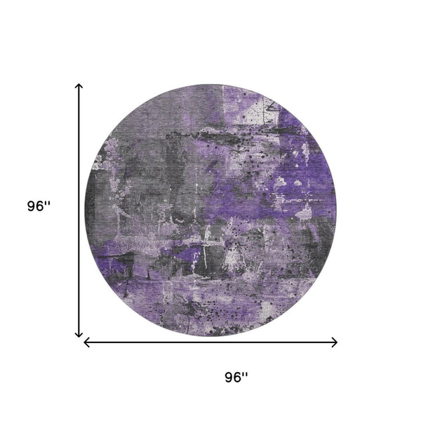 HomeRoots 8' Abstract Round Rug in Purple, Gray & Ivory - Washable, UV-Protected, Non-Slip for Modern Spaces 705368