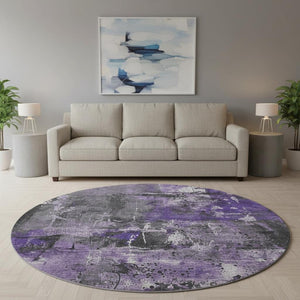 HomeRoots 8' Abstract Round Rug in Purple, Gray & Ivory - Washable, UV-Protected, Non-Slip for Modern Spaces 705368