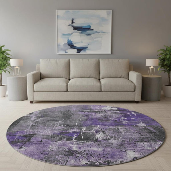 HomeRoots 8' Abstract Round Rug in Purple, Gray & Ivory - Washable, UV-Protected, Non-Slip for Modern Spaces 705368