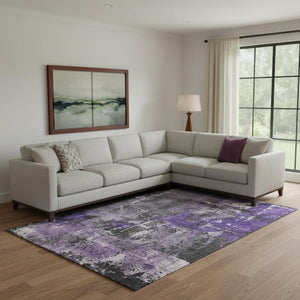 HomeRoots 10' X 14' Stylish Purple Gray Ivory Abstract Area Rug - Durable, Washable & UV-Resistant Design 705371