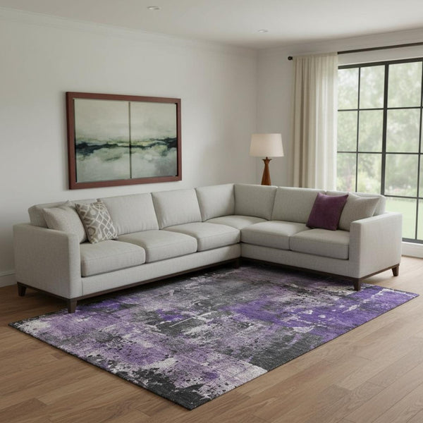 HomeRoots 10' X 14' Stylish Purple Gray Ivory Abstract Area Rug - Durable, Washable & UV-Resistant Design 705371