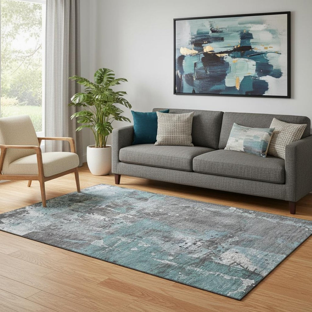 HomeRoots 5' X 8' Teal Gray & Ivory Abstract Washable Area Rug - Durable, Stain-Resistant, UV Protected Comfort 705373