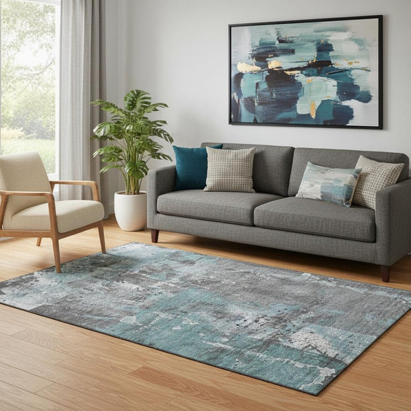 HomeRoots 5' X 8' Teal Gray & Ivory Abstract Washable Area Rug - Durable, Stain-Resistant, UV Protected Comfort 705373