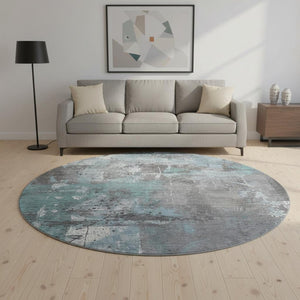 HomeRoots 8' Teal Gray and Ivory Abstract Round Rug – Durable, Washable, UV-Protected for Stylish Spaces 705374
