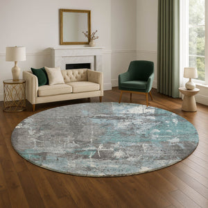 HomeRoots 8' Teal Gray and Ivory Abstract Round Rug – Durable, Washable, UV-Protected for Stylish Spaces 705374