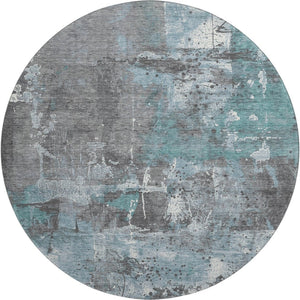 HomeRoots 8' Teal Gray and Ivory Abstract Round Rug – Durable, Washable, UV-Protected for Stylish Spaces 705374