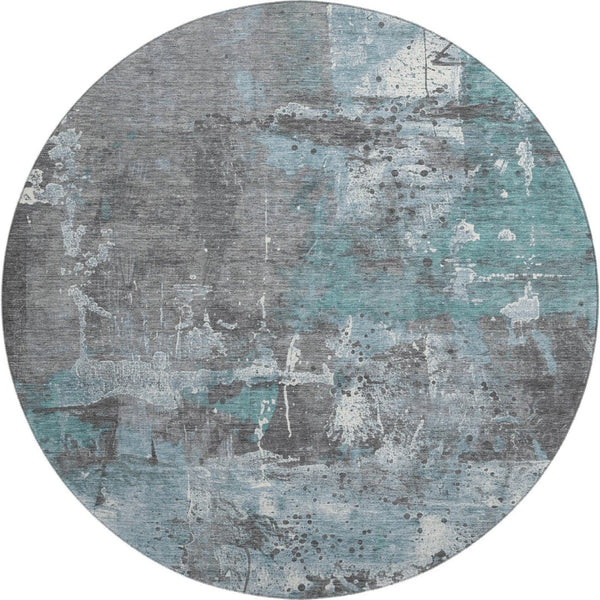 HomeRoots 8' Teal Gray and Ivory Abstract Round Rug – Durable, Washable, UV-Protected for Stylish Spaces 705374