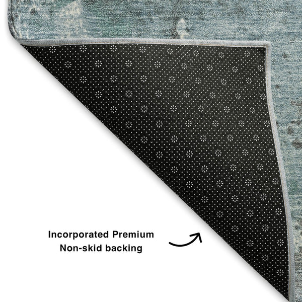 HomeRoots 8' Teal Gray and Ivory Abstract Round Rug – Durable, Washable, UV-Protected for Stylish Spaces 705374