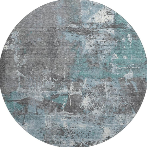 HomeRoots 8' Teal Gray and Ivory Abstract Round Rug – Durable, Washable, UV-Protected for Stylish Spaces 705374