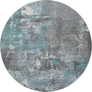 HomeRoots 8' Teal Gray and Ivory Abstract Round Rug – Durable, Washable, UV-Protected for Stylish Spaces 705374