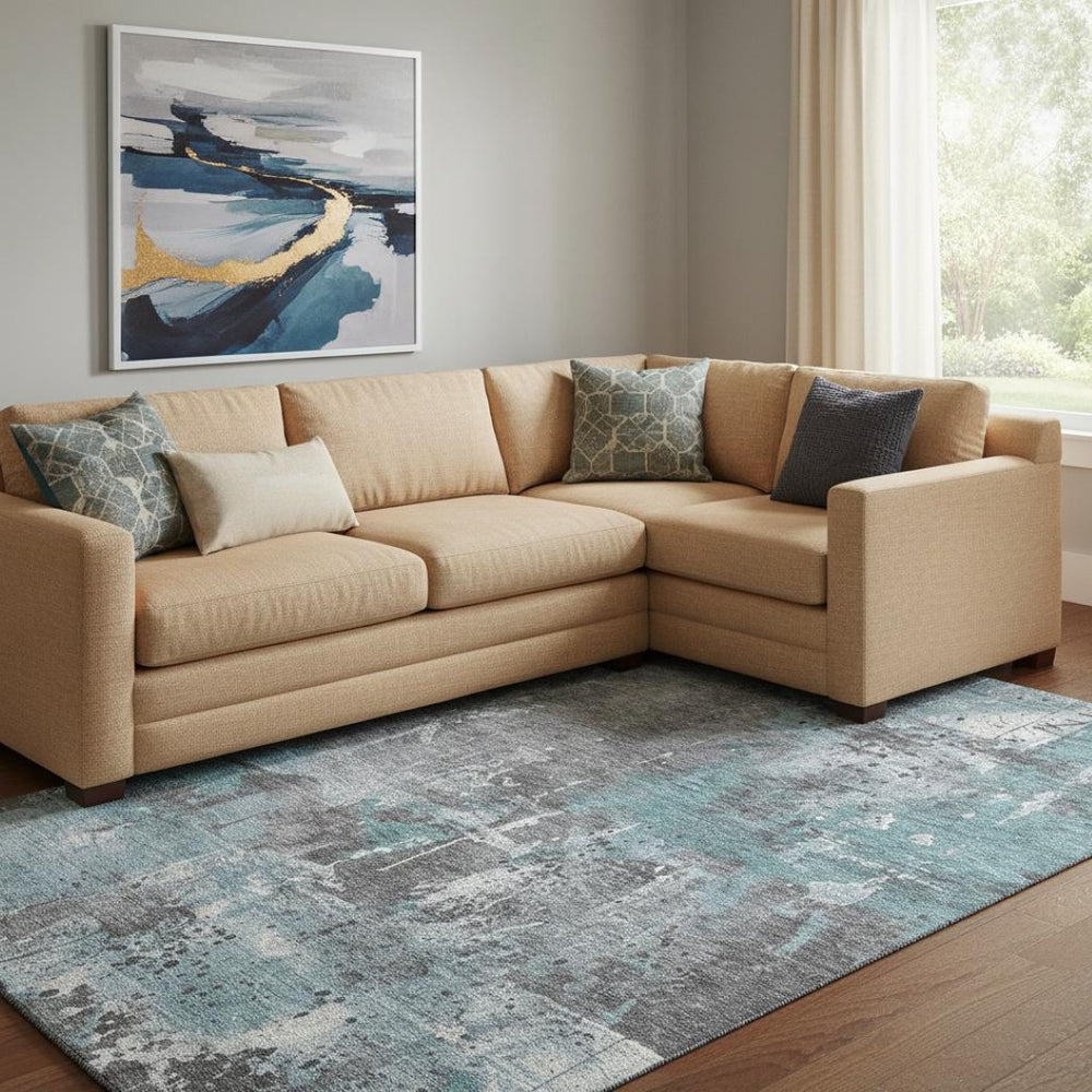 HomeRoots 8' X 10' Teal Gray Ivory Abstract Area Rug – Washable, Durable, UV-Protected for Modern Living Spaces 705375