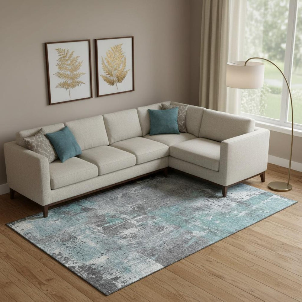 HomeRoots 9' X 12' Teal Gray Ivory Abstract Washable Area Rug - Durable, UV Protected, and Stylish for Homes 705376