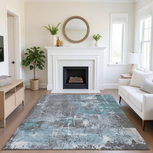 HomeRoots 10' X 14' Teal Gray & Ivory Abstract Area Rug - Washable, Stain-Resistant, UV Protected for Durability! 705377