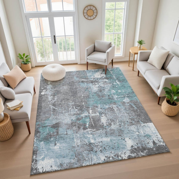 HomeRoots 10' X 14' Teal Gray & Ivory Abstract Area Rug - Washable, Stain-Resistant, UV Protected for Durability! 705377