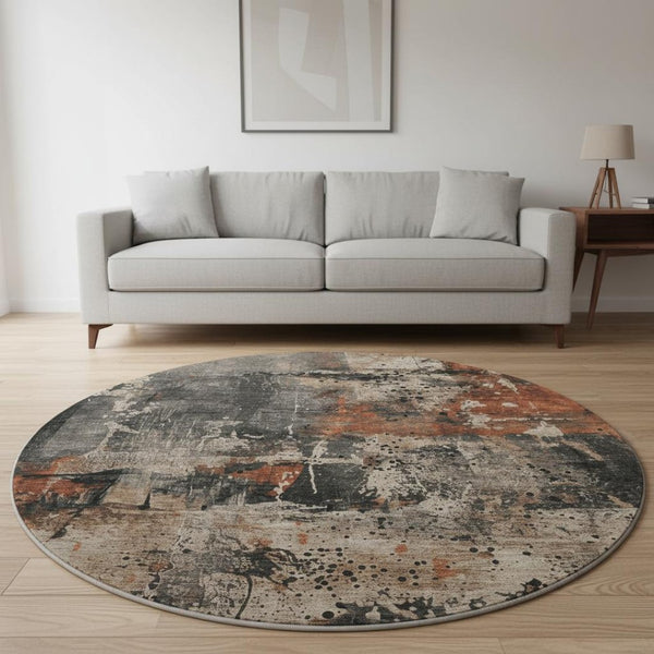HomeRoots 8' Taupe Gray and Beige Washable Round Rug with UV Protection - Stylish, Durable, Non-Slip Design! 705380