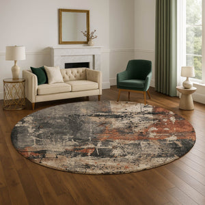 HomeRoots 8' Taupe Gray and Beige Washable Round Rug with UV Protection - Stylish, Durable, Non-Slip Design! 705380