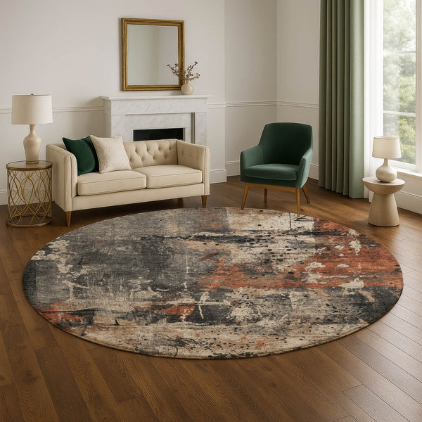 HomeRoots 8' Taupe Gray and Beige Washable Round Rug with UV Protection - Stylish, Durable, Non-Slip Design! 705380