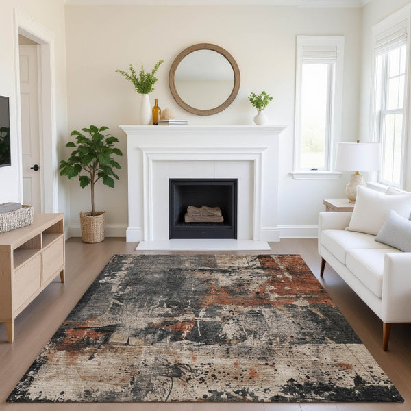 HomeRoots 9' X 12' Taupe Gray & Beige Abstract Rug - Washable, UV Protected, Durable & Family-Friendly Design 705382