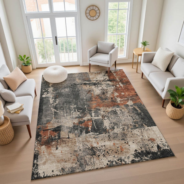 HomeRoots 9' X 12' Taupe Gray & Beige Abstract Rug - Washable, UV Protected, Durable & Family-Friendly Design 705382
