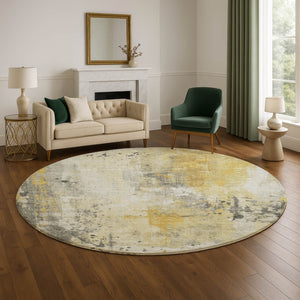 HomeRoots 8' Gold Ivory and Gray Abstract Round Rug - Washable, UV Protected, Durable for High-Traffic Homes 705386