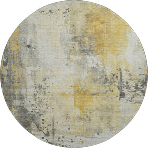 HomeRoots 8' Gold Ivory and Gray Abstract Round Rug - Washable, UV Protected, Durable for High-Traffic Homes 705386