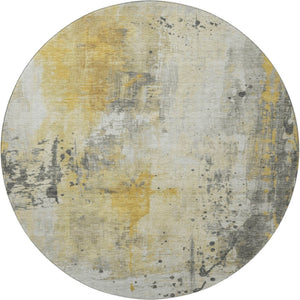 HomeRoots 8' Gold Ivory and Gray Abstract Round Rug - Washable, UV Protected, Durable for High-Traffic Homes 705386