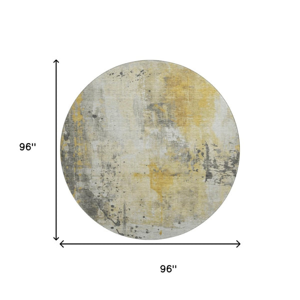 HomeRoots 8' Gold Ivory and Gray Abstract Round Rug - Washable, UV Protected, Durable for High-Traffic Homes 705386