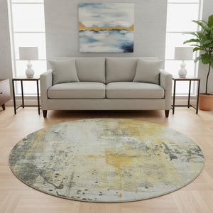 HomeRoots 8' Gold Ivory and Gray Abstract Round Rug - Washable, UV Protected, Durable for High-Traffic Homes 705386