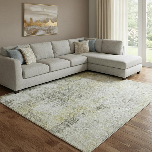HomeRoots 8' X 10' Modern Gold Ivory Gray Abstract Washable Area Rug with UV Protection for Homes & Pets 705387