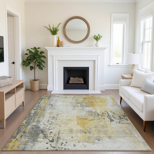 HomeRoots 8' X 10' Modern Gold Ivory Gray Abstract Washable Area Rug with UV Protection for Homes & Pets 705387