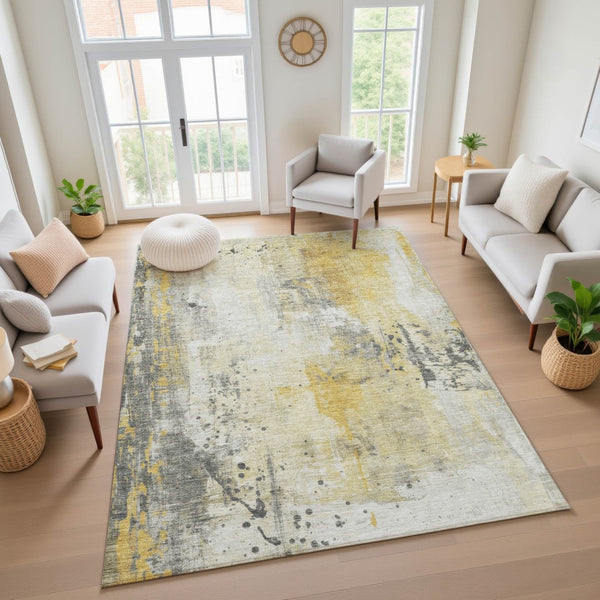 HomeRoots 8' X 10' Modern Gold Ivory Gray Abstract Washable Area Rug with UV Protection for Homes & Pets 705387